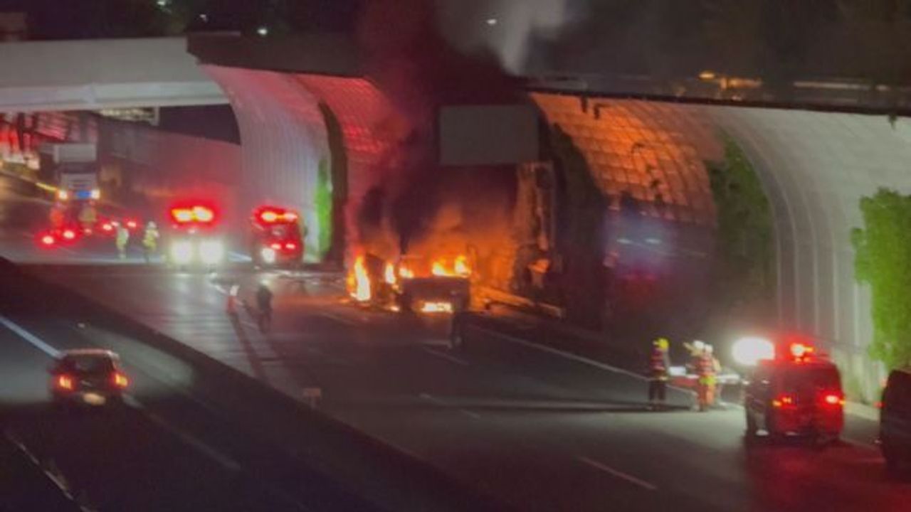Bus Engulfs in Flames After Collision With Overturned Motorcycle